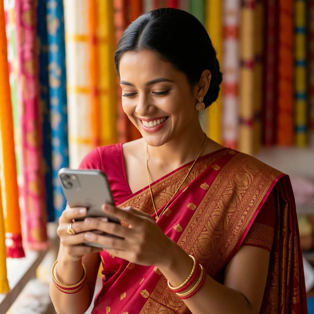Smiling Malaysian woman enjoying the VCity44 mobile casino app with colorful city lights behind her at night