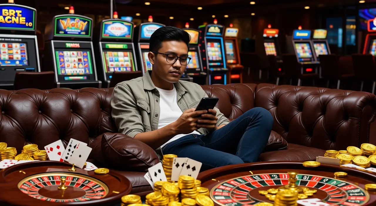 Focused Malaysian player using the VCity44 casino app on his phone while sitting on a couch surrounded by roulette wheels playing cards and gold coins