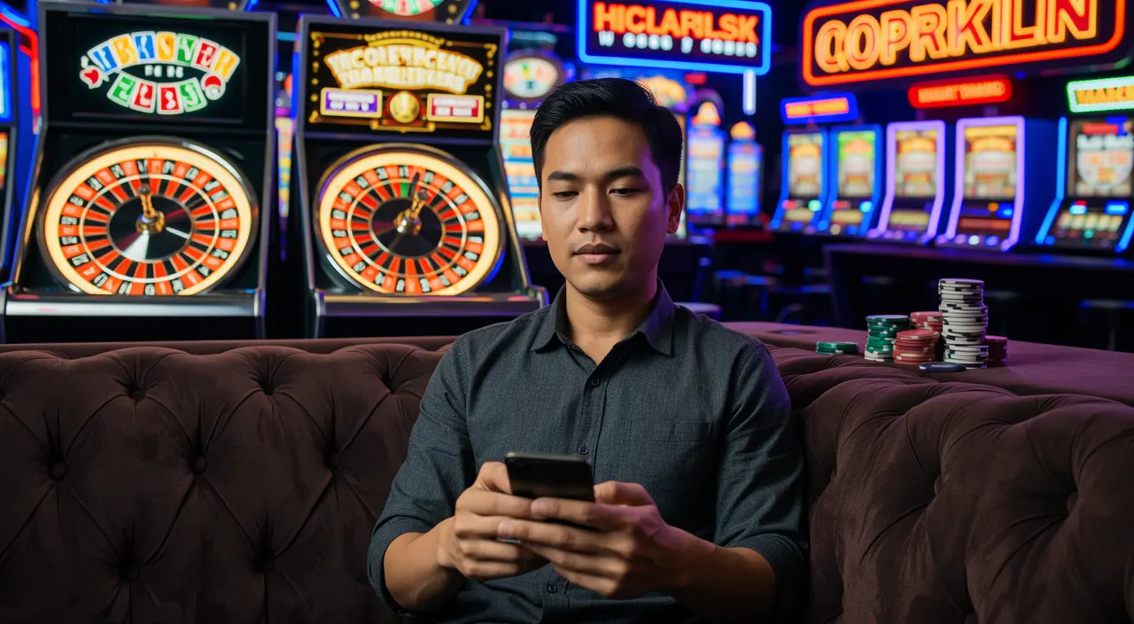 Focused Malaysian man using the VCity44 casino app on his smartphone with glowing roulette wheels and poker chips creating a premium mobile gaming mood