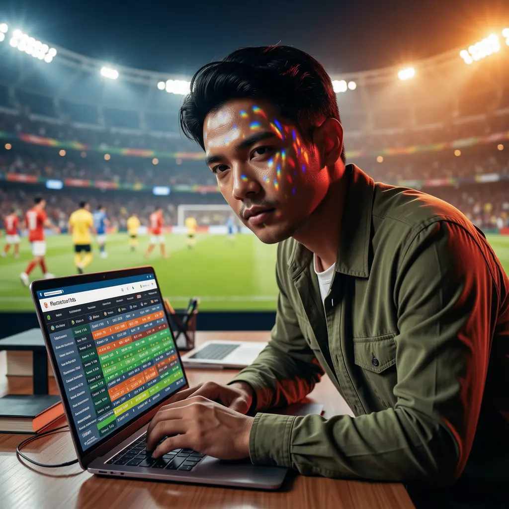 Focused Malaysian sports bettor using a laptop with live football markets while leaning forward in a dramatic stadium lighting scene on VCity44