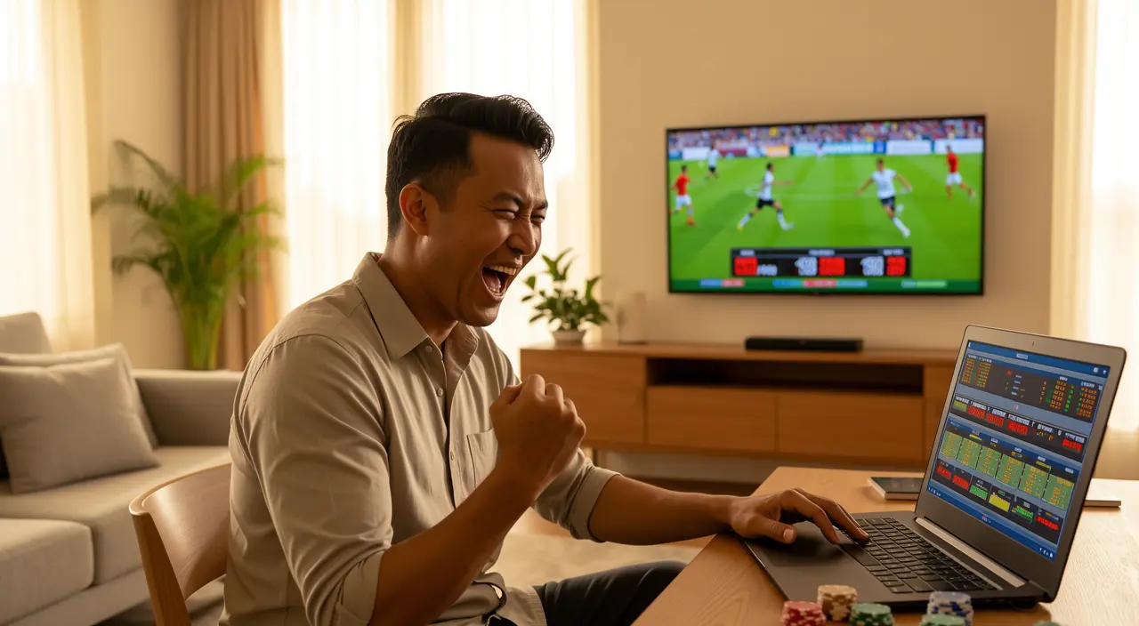 Excited Malaysian sports bettor celebrating a winning moment while placing live football bets on a laptop with VCity44 at home