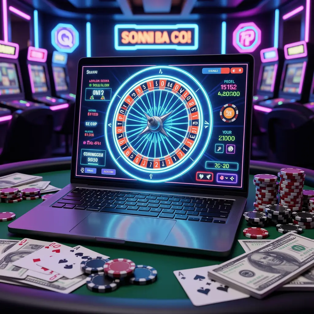 Modern laptop displaying a vibrant online roulette game surrounded by casino chips and cards in a neon casino setting showcasing the immersive gaming environment of VCity44 for Malaysian players