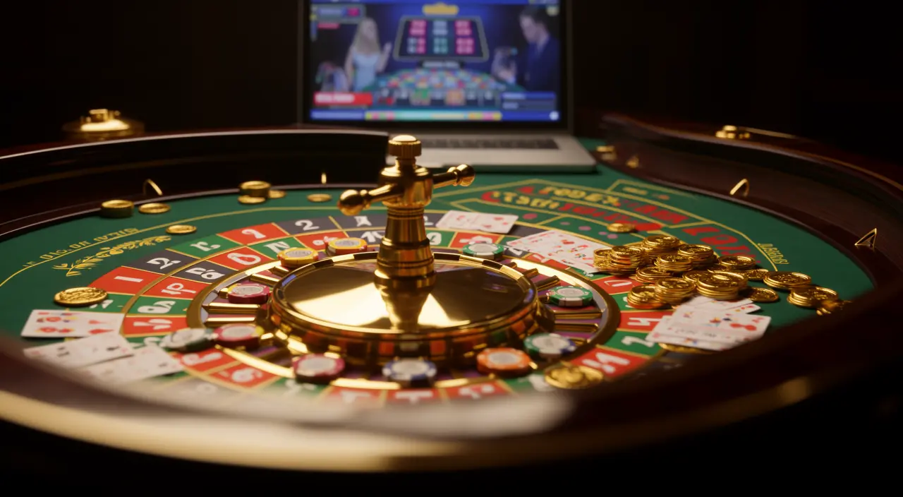 Modern online roulette gameplay on a laptop surrounded by casino chips and cards showcasing the immersive digital casino environment of VCity44 in Malaysia