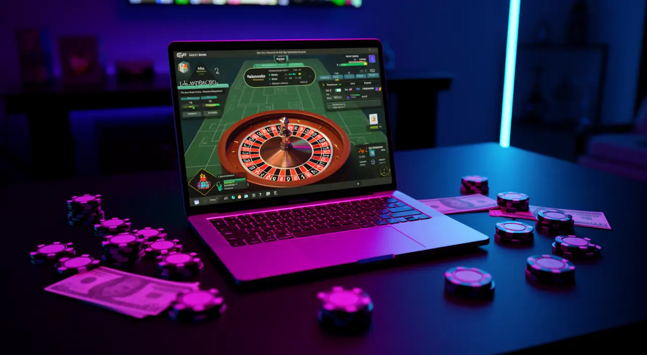 Futuristic online casino scene with live roulette on a laptop and colorful chips on a dark table highlighting the immersive VCity44 casino experience in Malaysia
