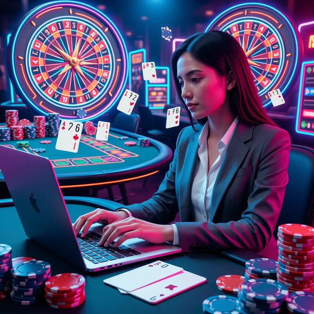 Stylized digital illustration of a focused player using a laptop surrounded by glowing casino chips and roulette graphics representing strategic online gaming on VCity44 in Malaysia