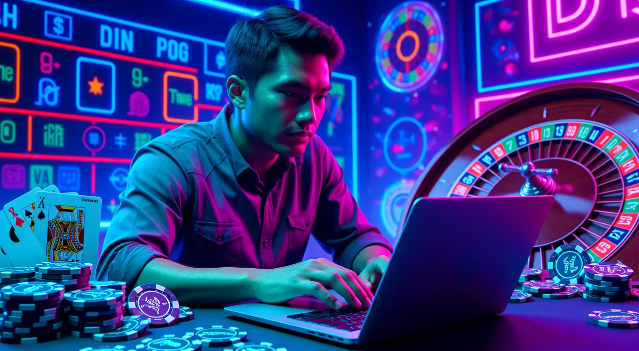 Focused online casino player working on a laptop with colorful poker chips and roulette graphics showcasing the immersive VCity44 games experience for Malaysia