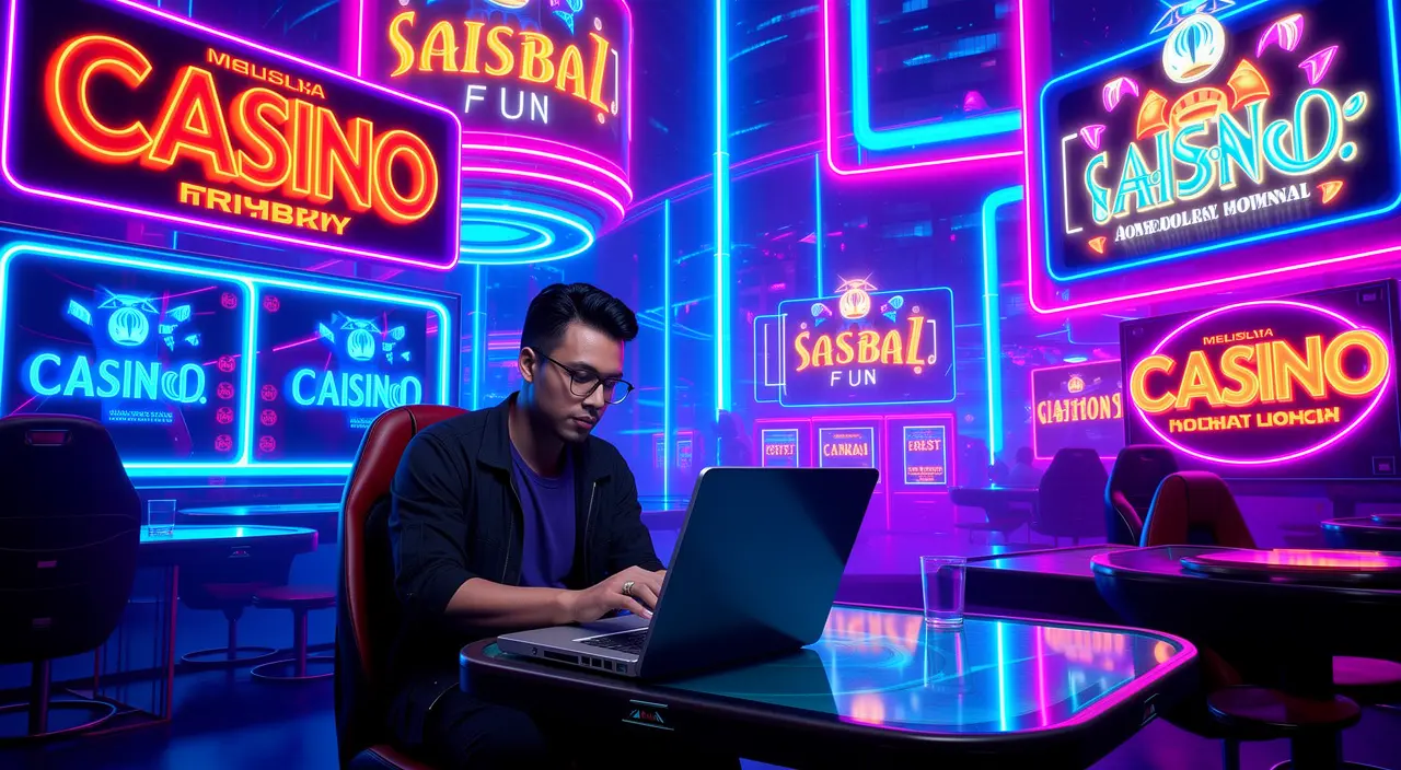 Focused online gamer playing on a laptop in a neon casino environment showcasing the immersive digital casino games experience at VCity44 Malaysia