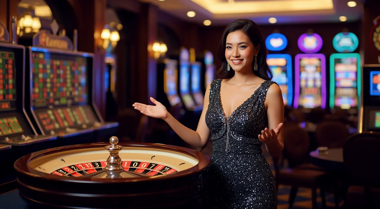 VCity44 – Step into a premium live casino experience for Malaysian players Professional female casino dealer in a glamorous black dress presenting a roulette table in a luxury casino setting at VCity44 for players in Malaysia