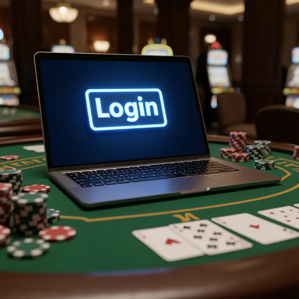 Close-up view of a laptop on a casino table with poker chips and cards, highlighting the VCity44 login process for Malaysian users