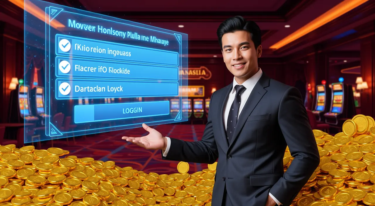 Confident casino dealer pointing forward with floating gold coins symbolizing opportunity and rewards at VCity44 login in Malaysia