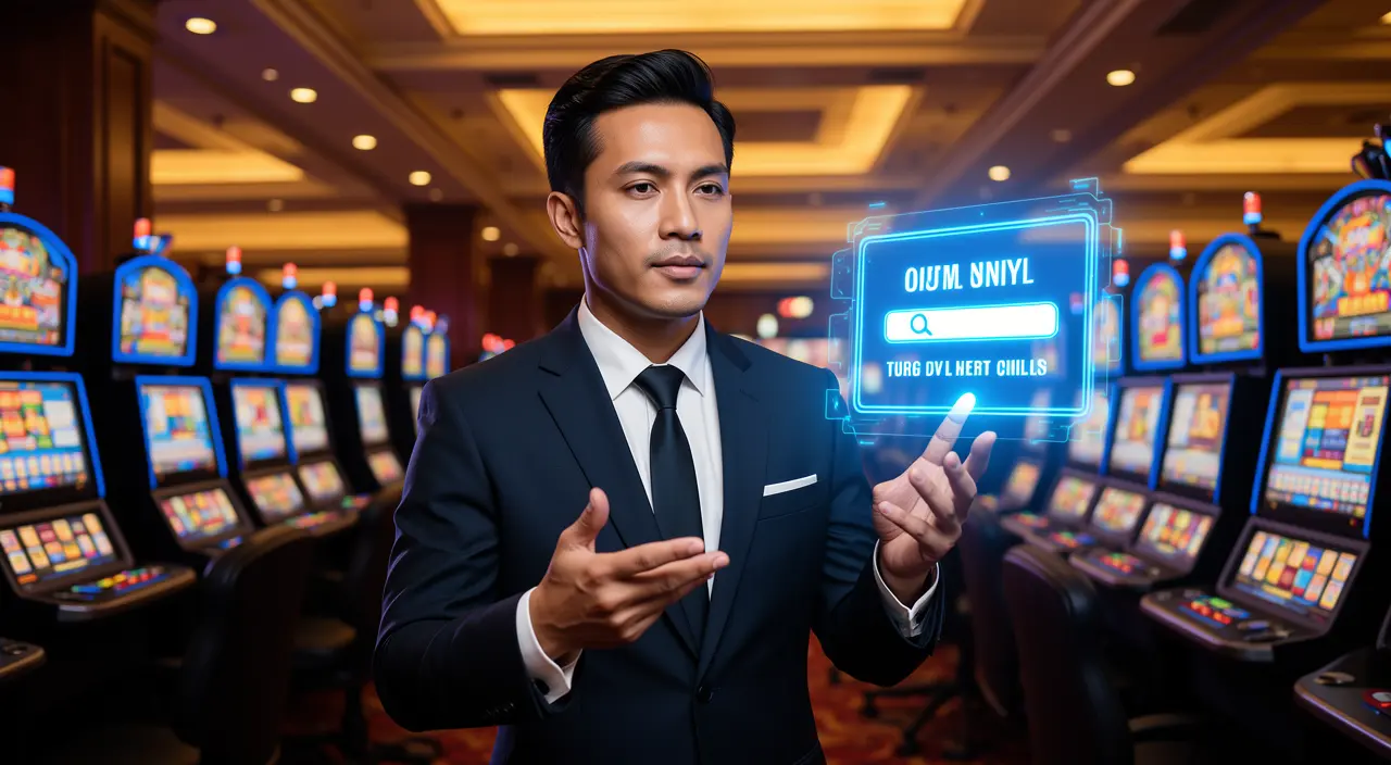 Professional Malaysian casino dealer pointing at a glowing holographic login button inside a high end casino atmosphere at VCity44