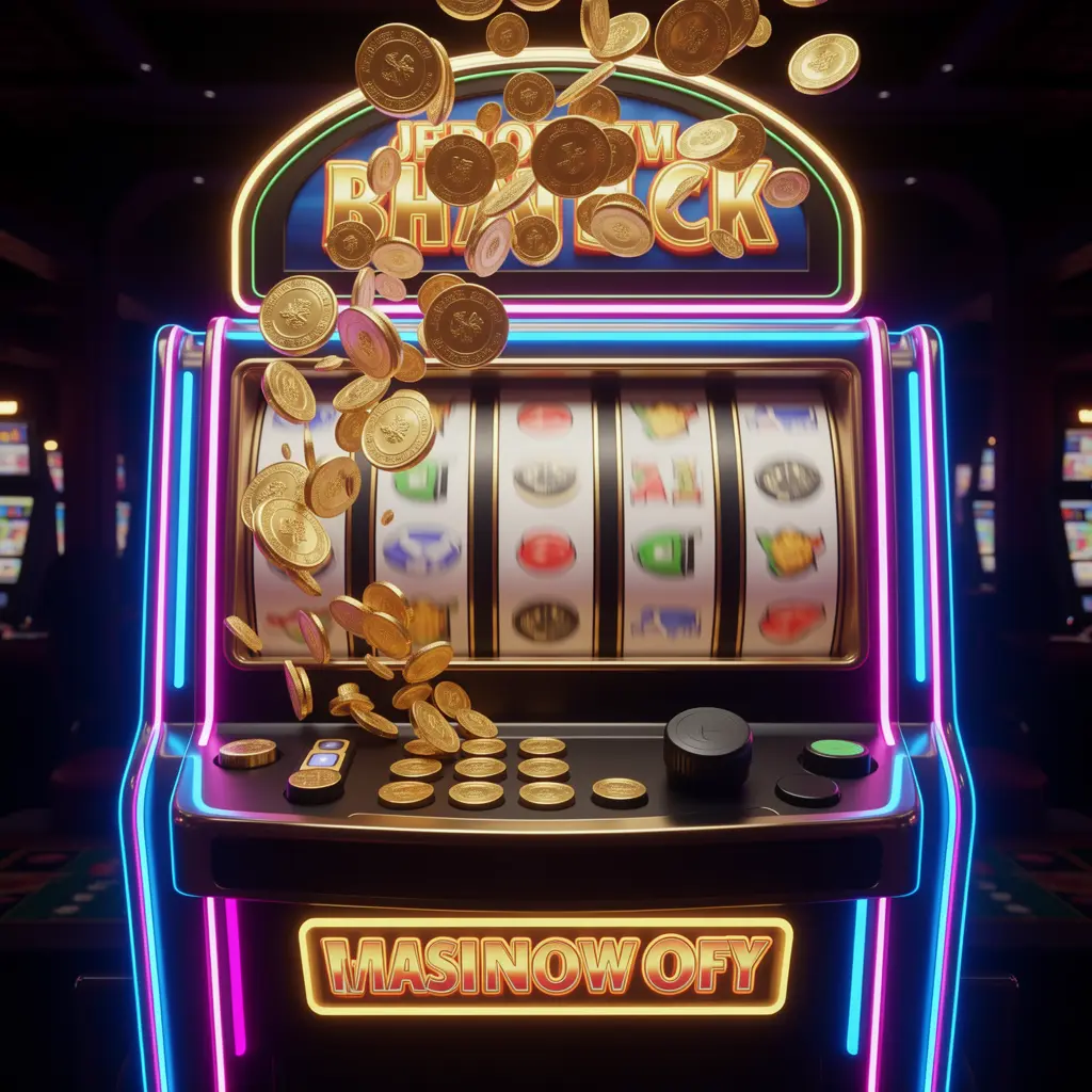 Modern glowing slot machine with spinning reels and flying coins creating a dynamic casino scene highlighting the excitement of slot gaming at VCity44 Malaysia