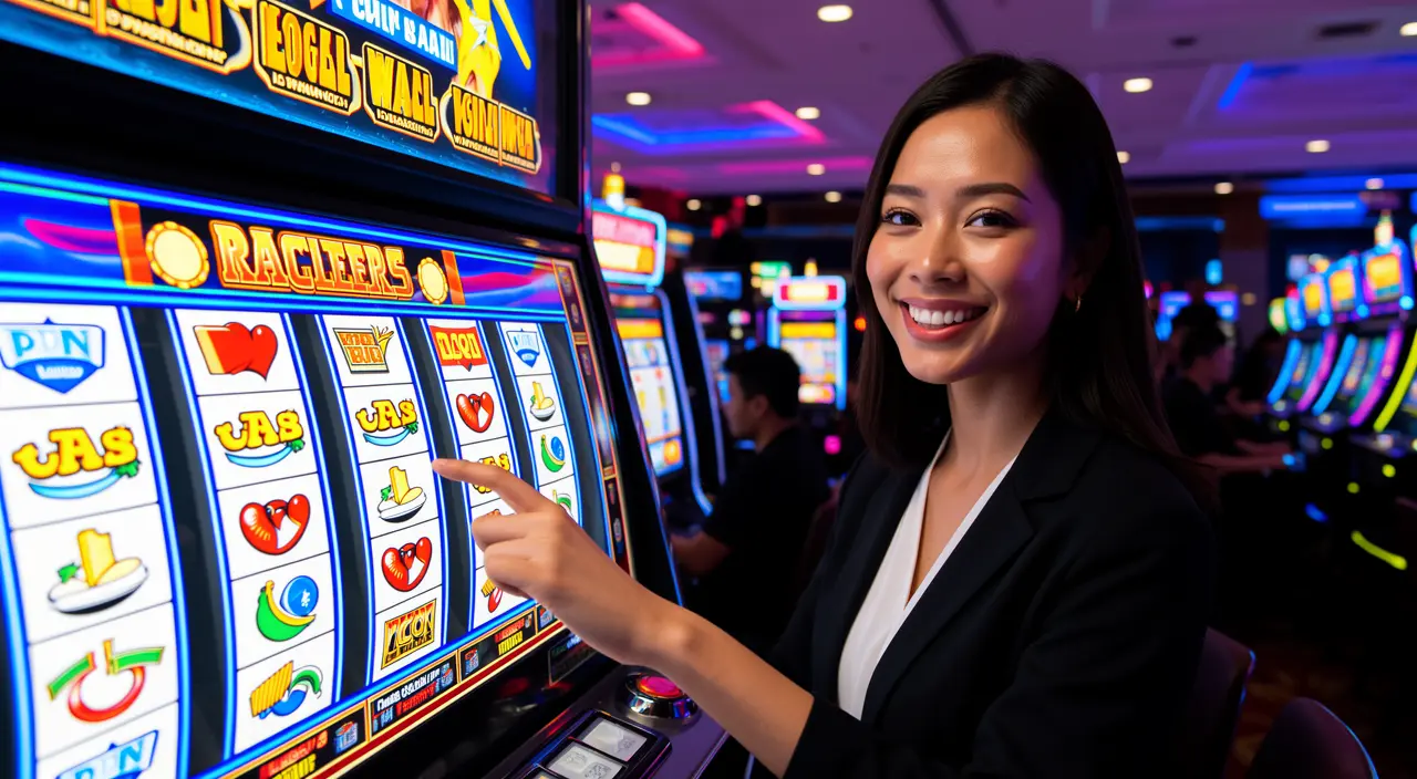 A joyful Malaysian woman in a hijab playing a glowing slot machine in a lively casino atmosphere at VCity44 with colorful reels and neon lights