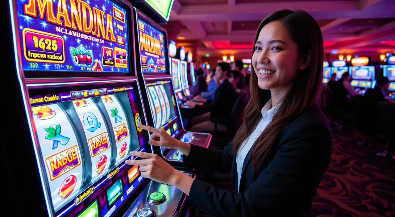 Excited female player enjoying colorful slot reels and casino lights while spinning slots on VCity44 in Malaysia